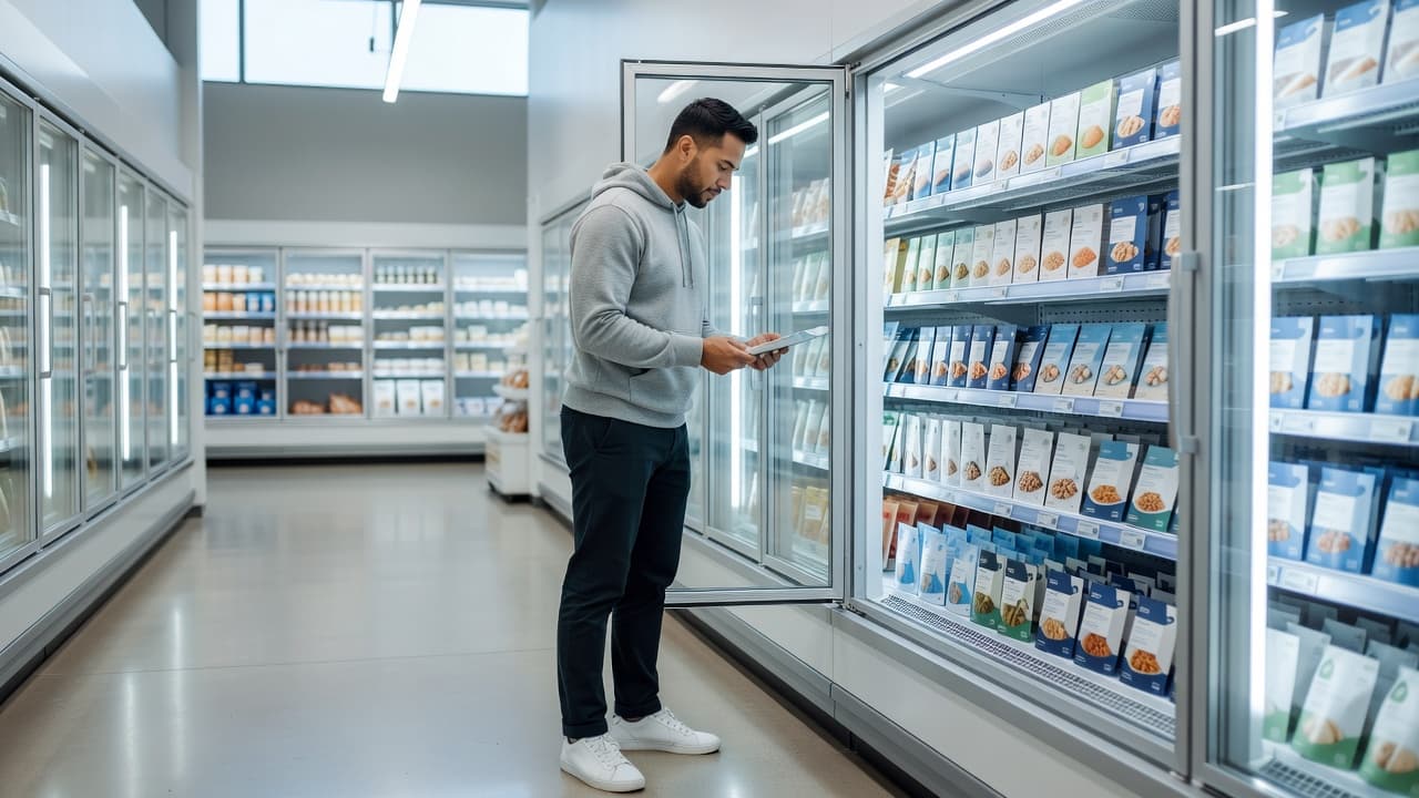 A person wearing casual clothes stands in a well-lit grocery aisle, carefully inspecting frozen food packages. Soft light highlights their intent as they search for nutritious meal options in the freezer.