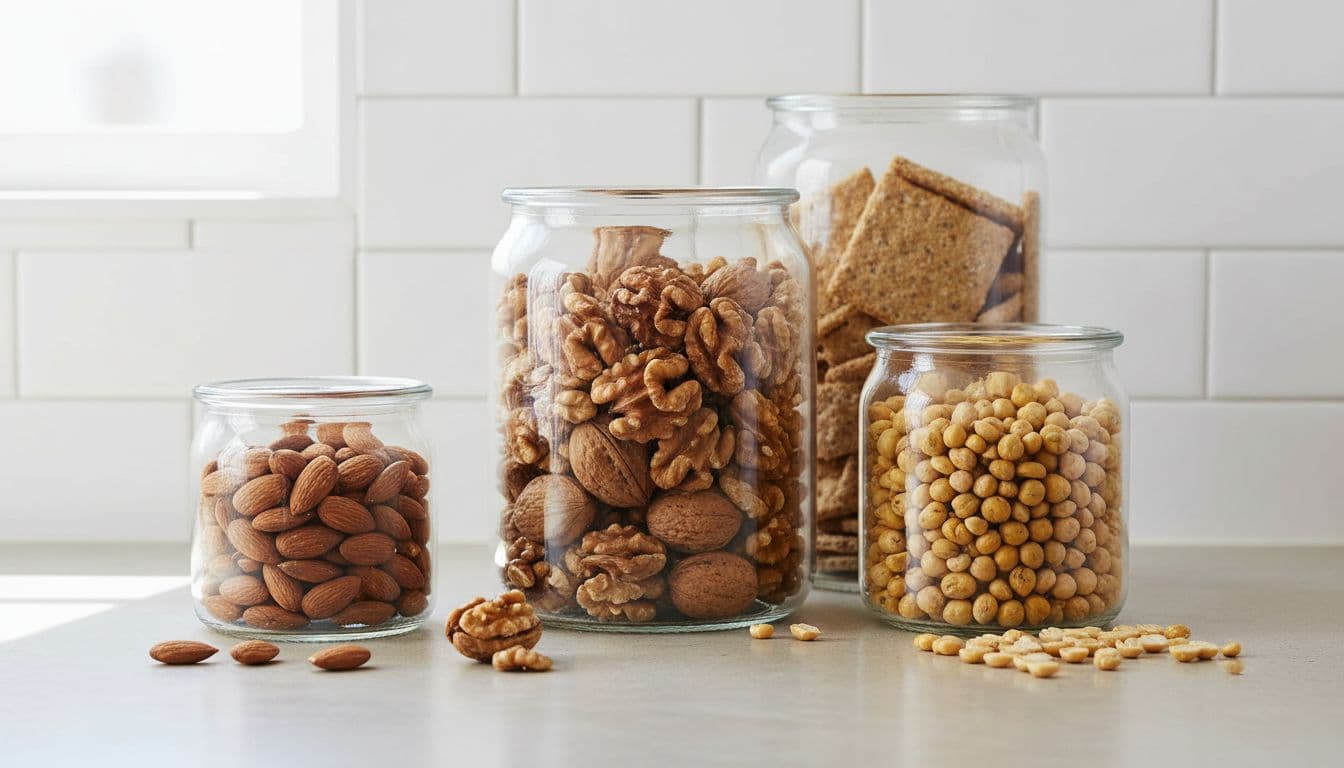 Clear glass jars filled with raw walnuts, crunchy almonds, dried chickpeas, and whole grain crackers sit on a white kitchen counter. Soft natural light highlights the textures of these nutritious pantry staples.