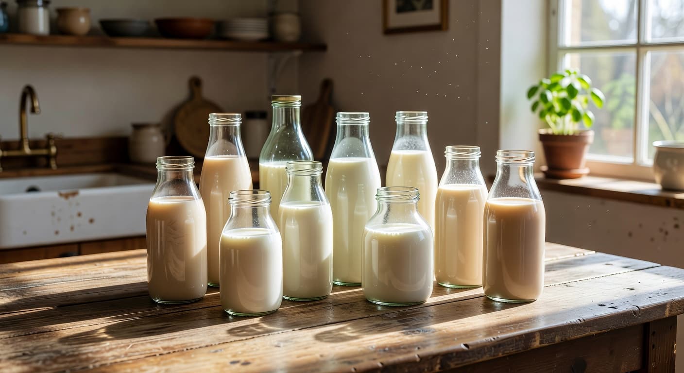 Several clear glass bottles filled with various plant-based milks sit grouped together on a weathered rustic wooden table. Warm morning light streams across the kitchen surface, highlighting the smooth liquid textures.