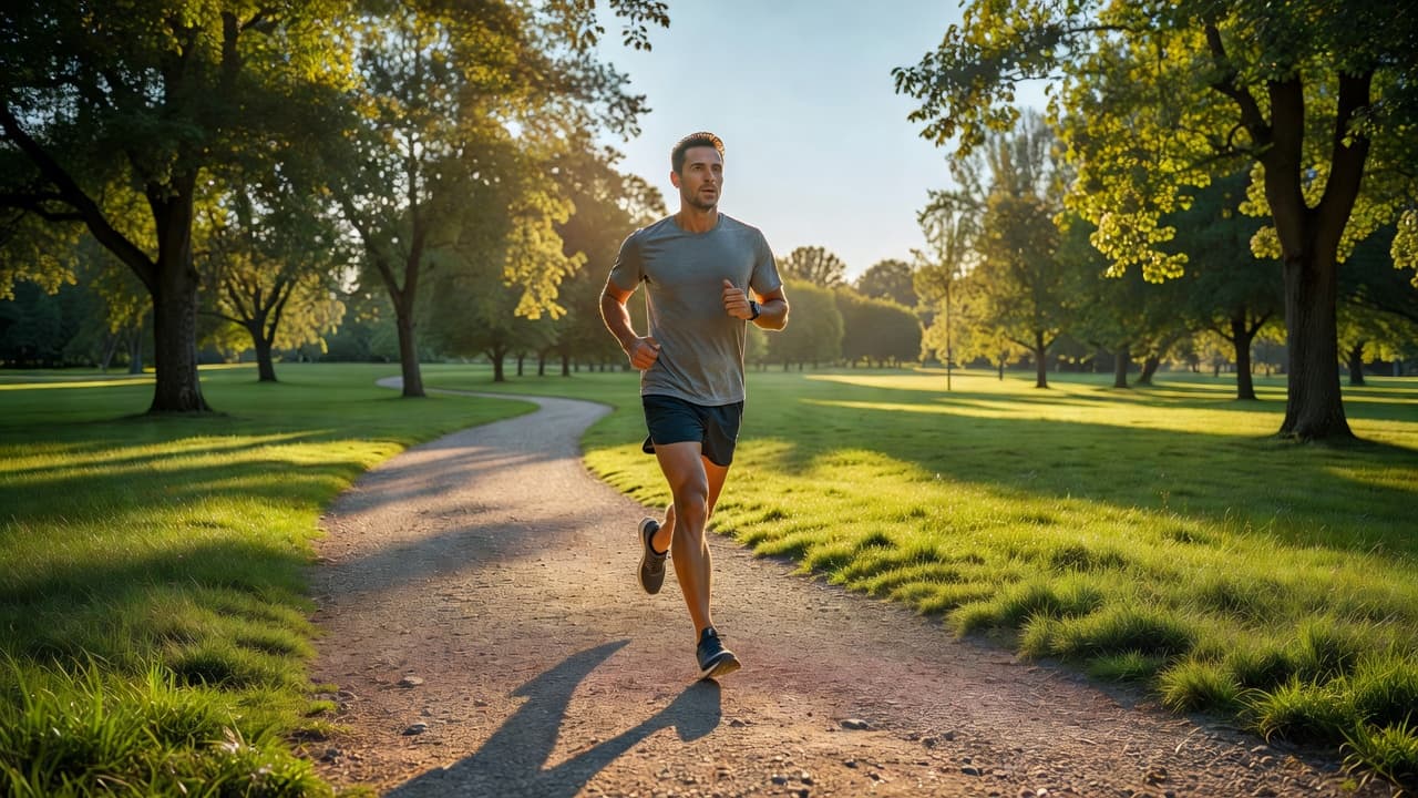 A fit individual wearing athletic gear jogs along a paved winding trail through a lush green park. The early morning sunlight filters through surrounding trees, illuminating the path with golden warmth.