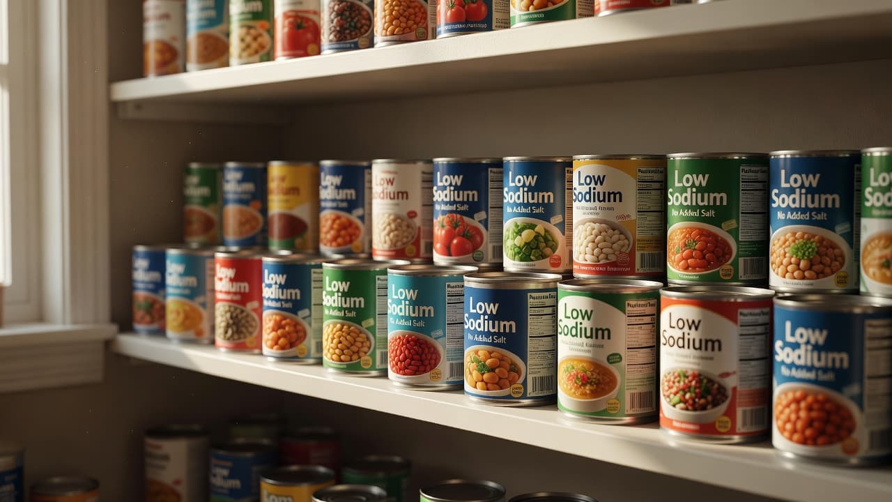 A single wooden shelf displays rows of metal food cans featuring various colorful labels. Soft morning light streams from a side window, highlighting the metallic surfaces and neatly arranged items.
