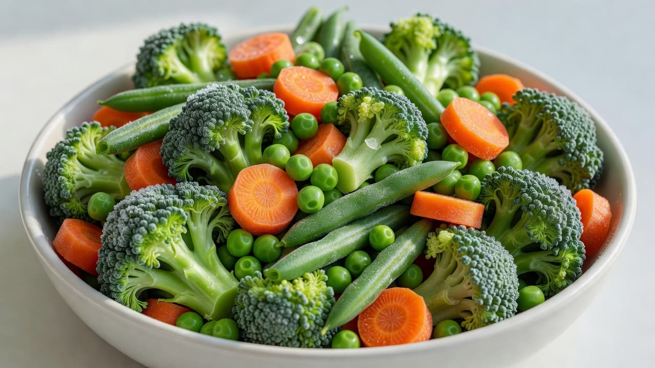 A ceramic bowl sits on a wooden surface containing raw broccoli florets, vibrant sliced carrots, garden peas, and crisp green beans. Bright morning sunlight highlights the crisp texture of the ingredients.