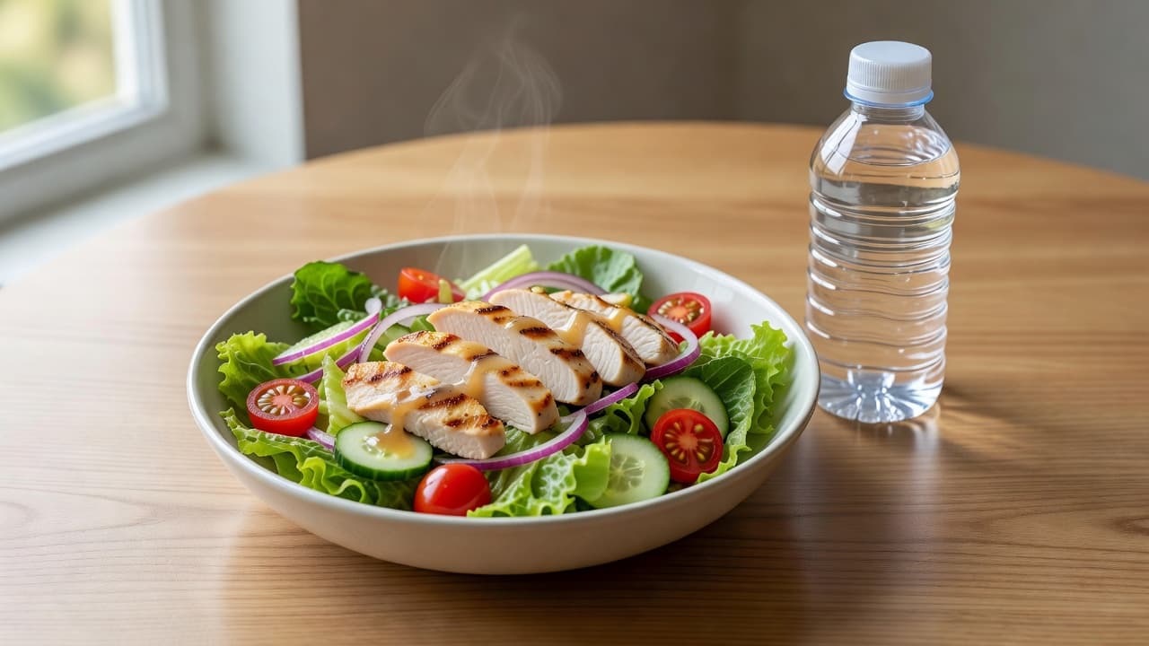 A vibrant grilled chicken salad sits in a white bowl atop a rustic wooden table. Crisp greens, colorful sliced vegetables, and a chilled water bottle create a fresh, balanced meal arrangement.