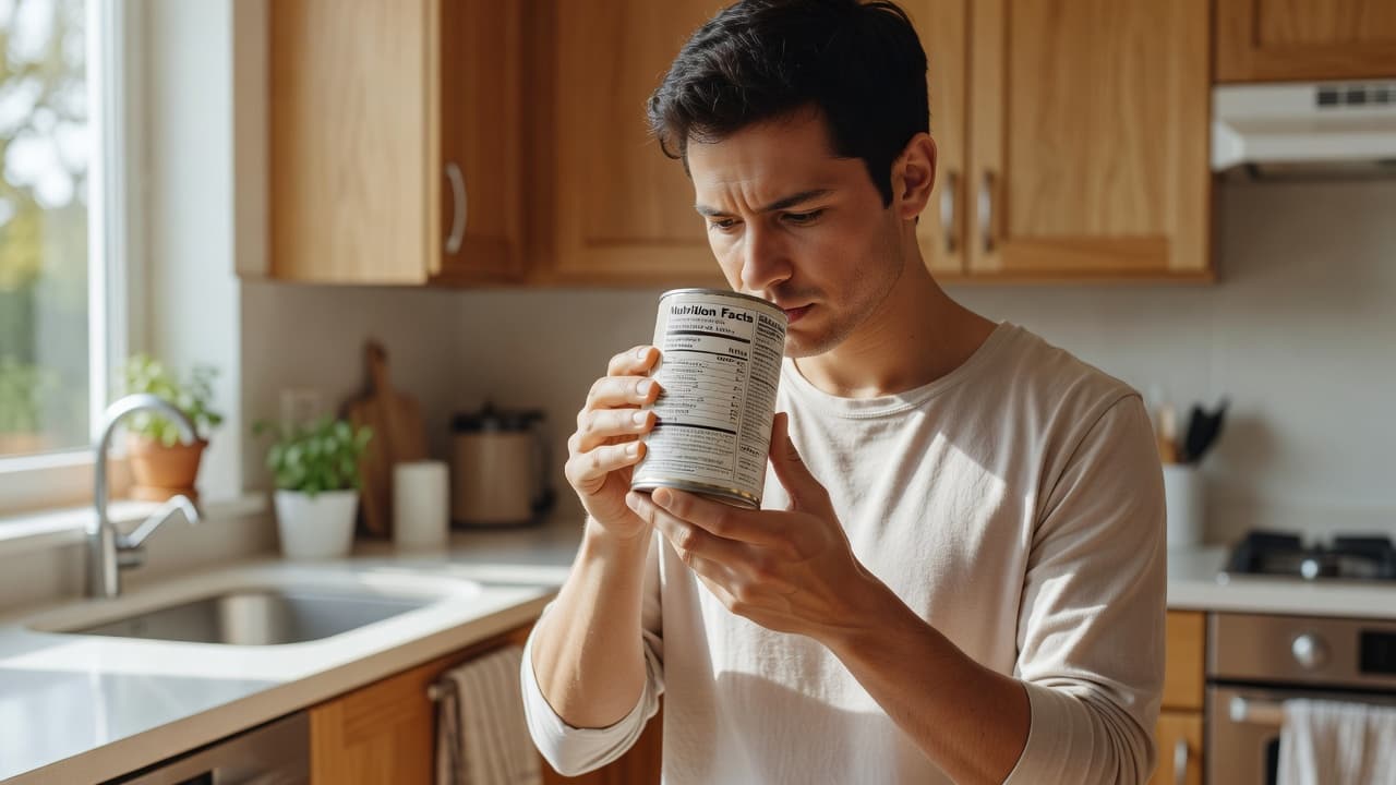 A person stands in a sunlit kitchen holding a metallic food can with both hands. They lean in closely to examine the blank nutrition facts label printed on the container's surface.