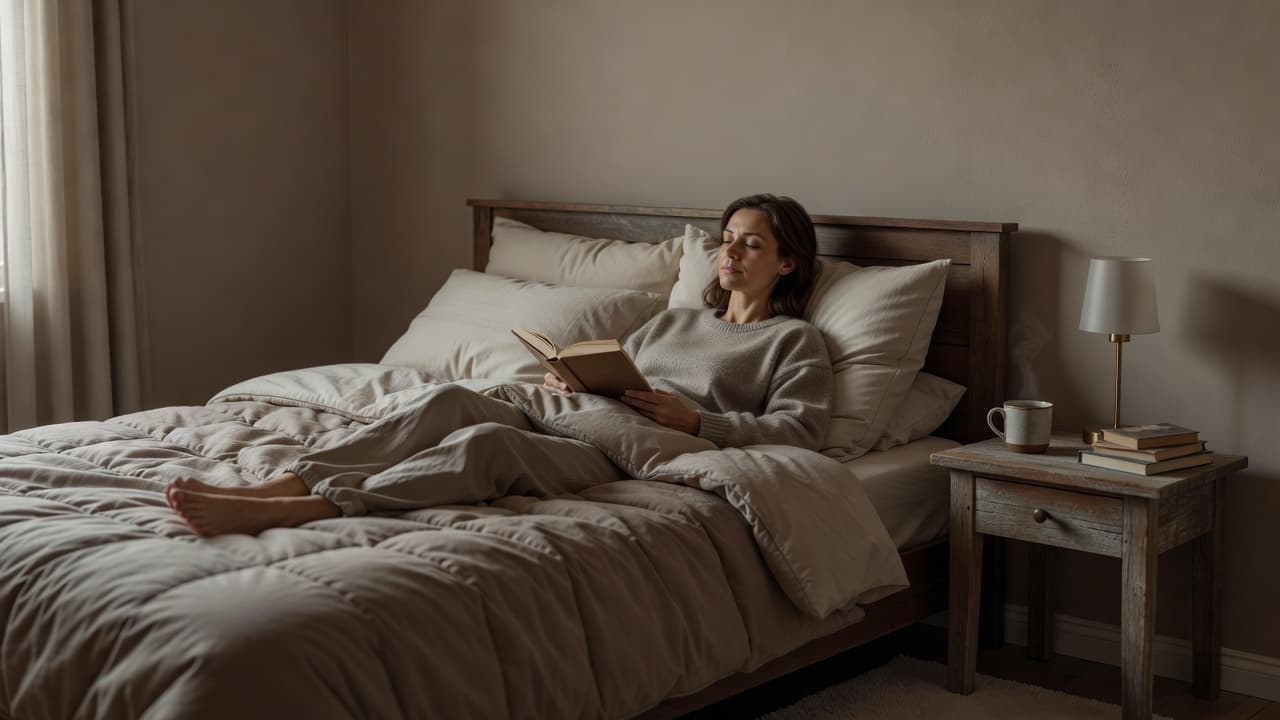 A person lies comfortably on a plush bed within a dimly lit room, draped in soft blankets. Warm, natural light glows gently against the bedside walls to foster a peaceful mood.
