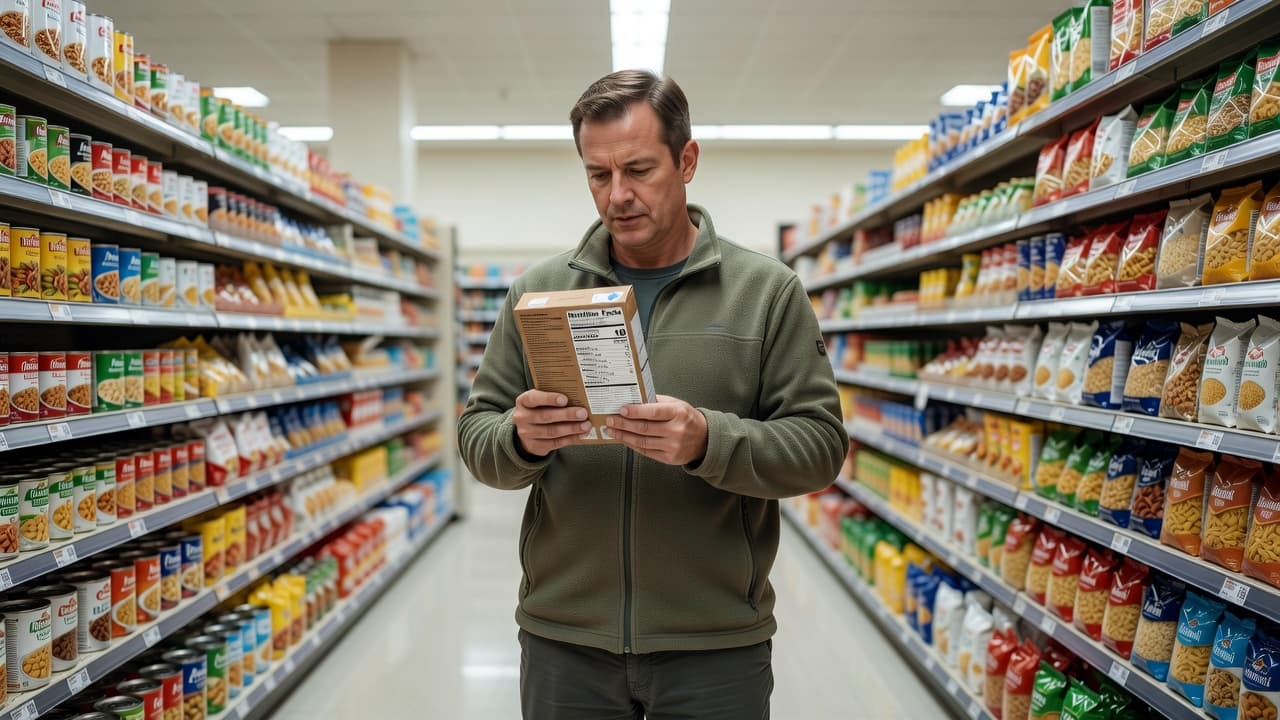 A shopper stands in a bright grocery aisle holding a packaged food item. Their focus is fixed on the nutrition facts label, with shelves of blurred products visible in the background.