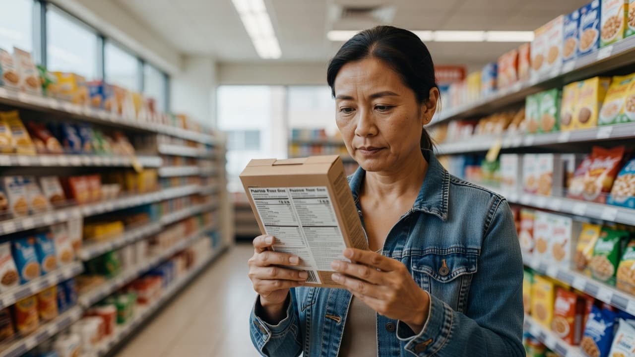 A focused individual stands in a grocery aisle holding a container while carefully inspecting the nutritional facts panel. Bright sunlight illuminates the shelf products and the person's hands in detail.