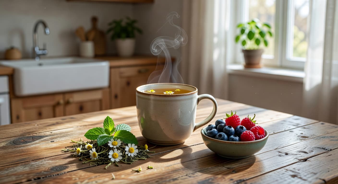 A steaming mug of tea rests on a rustic wooden table beside scattered loose leaves and a small bowl of fresh berries. Golden sunlight illuminates the steam rising in the kitchen.