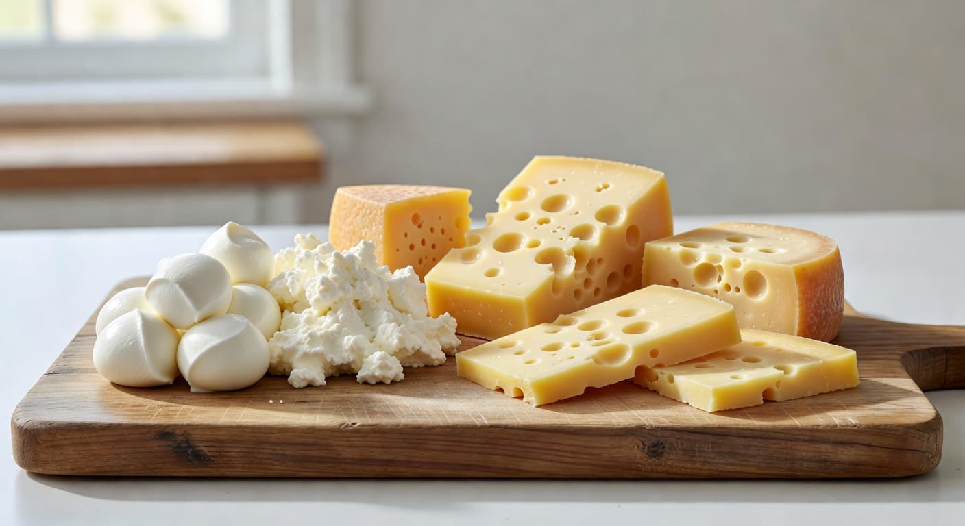 A rustic wooden board displays a variety of fresh cheeses including slices of swiss, creamy ricotta, and mozzarella spheres. Soft daylight illuminates the textured board and clean kitchen surface background.