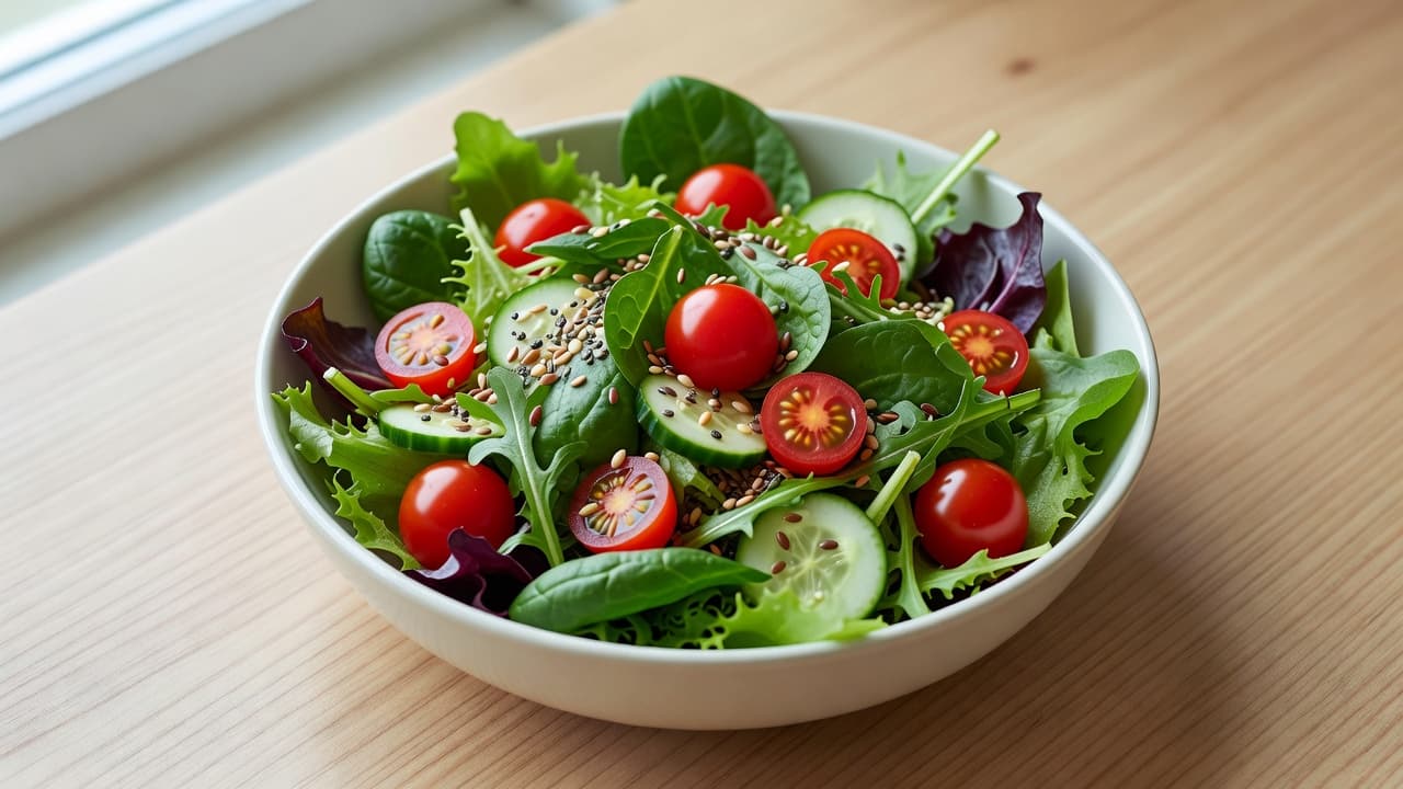 A ceramic bowl filled with mixed leafy greens, sliced cucumbers, and ripe cherry tomatoes rests on a rustic wooden table. A light dusting of seeds adds texture under natural bright daylight.