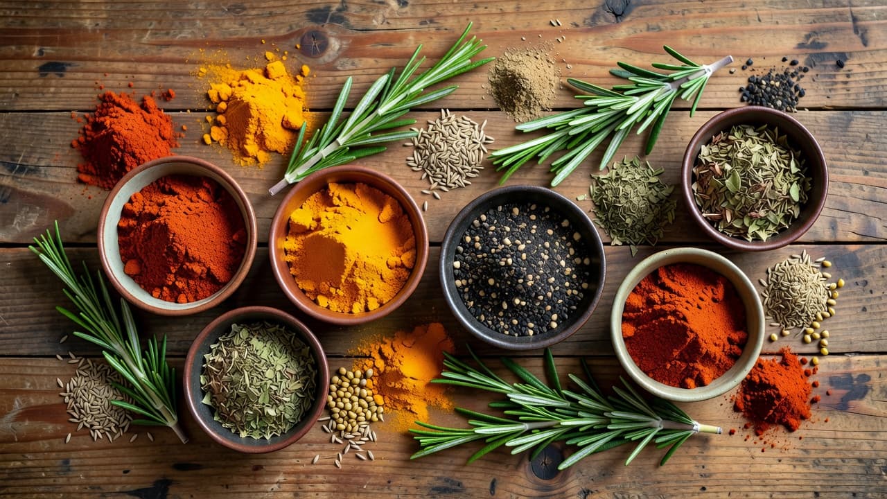 Small ceramic bowls filled with vibrant paprika, golden turmeric, and black pepper sit alongside fresh rosemary sprigs. These ingredients are arranged neatly on a dark, rustic wooden kitchen tabletop surface.