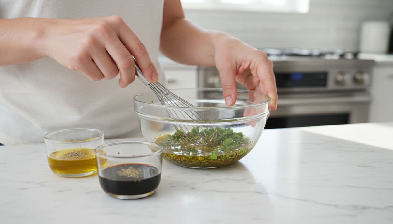 A pair of hands vigorously whisks olive oil, balsamic vinegar, and fresh green herbs in a clear glass bowl. This bright kitchen scene highlights the preparation of a healthy condiment alternative.