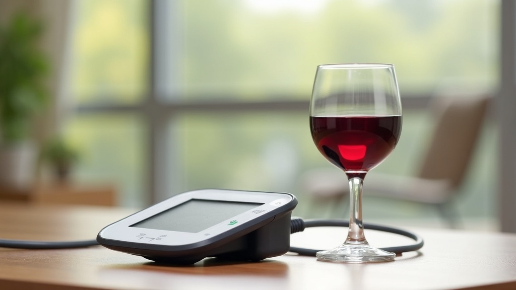 Wine glass beside a home blood pressure monitor