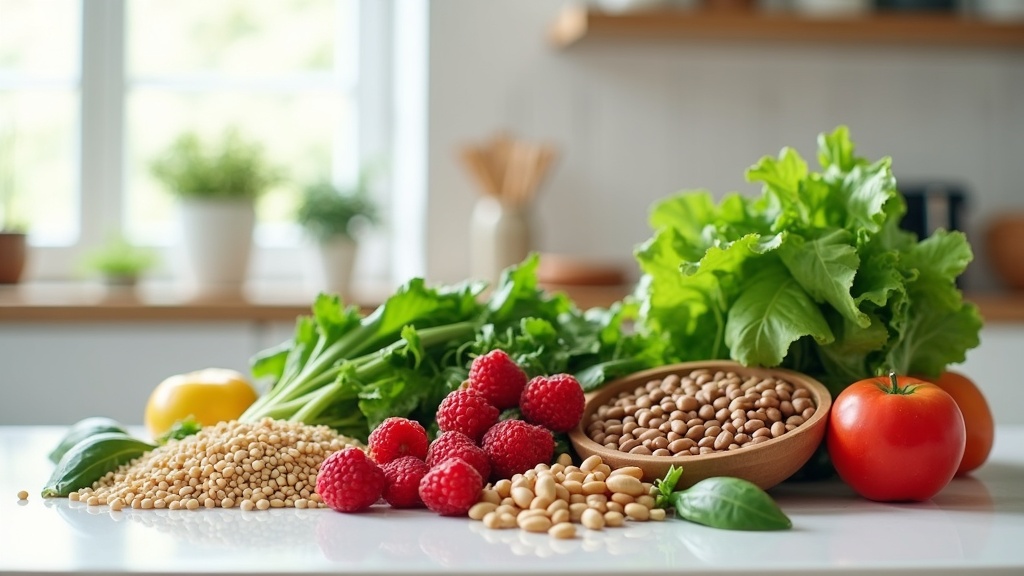 DASH diet grocery haul with vegetables, fruit, whole grains and beans