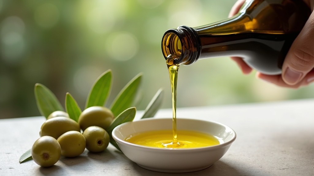 Extra virgin olive oil poured into a dish beside fresh olives