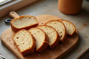 Sliced loaves of low-sodium bread arranged on a wooden cutting board