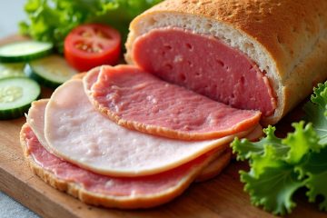 Sliced low-sodium deli meat including turkey and roast beef on a cutting board with fresh vegetables