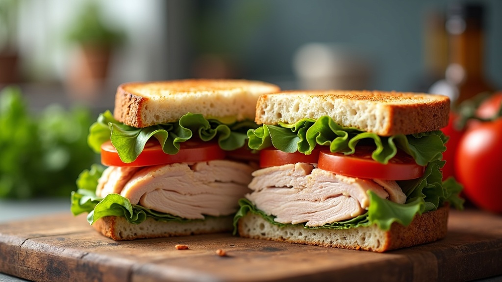 Sandwich made with low-sodium lunch meat, lettuce, and tomato on whole-grain bread