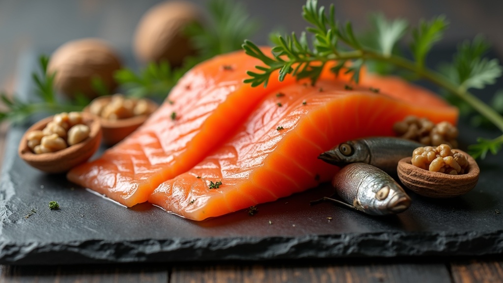 Omega-3 rich foods including salmon, sardines and walnuts
