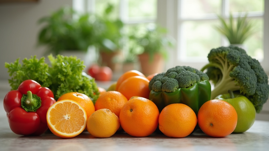Foods rich in water-soluble vitamins including citrus, leafy greens and peppers