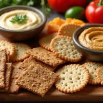 Assortment of low-sodium crackers for heart health arranged on a wooden board with vegetable dips