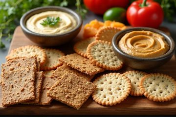 Assortment of low-sodium crackers for heart health arranged on a wooden board with vegetable dips