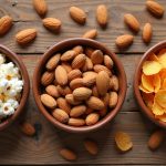 Assortment of low-sodium snacks and chips including nuts, popcorn, and rice cakes in bowls on a table