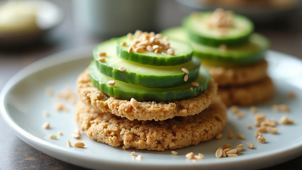 Whole-grain low-sodium crackers topped with avocado and cucumber for a heart-healthy snack