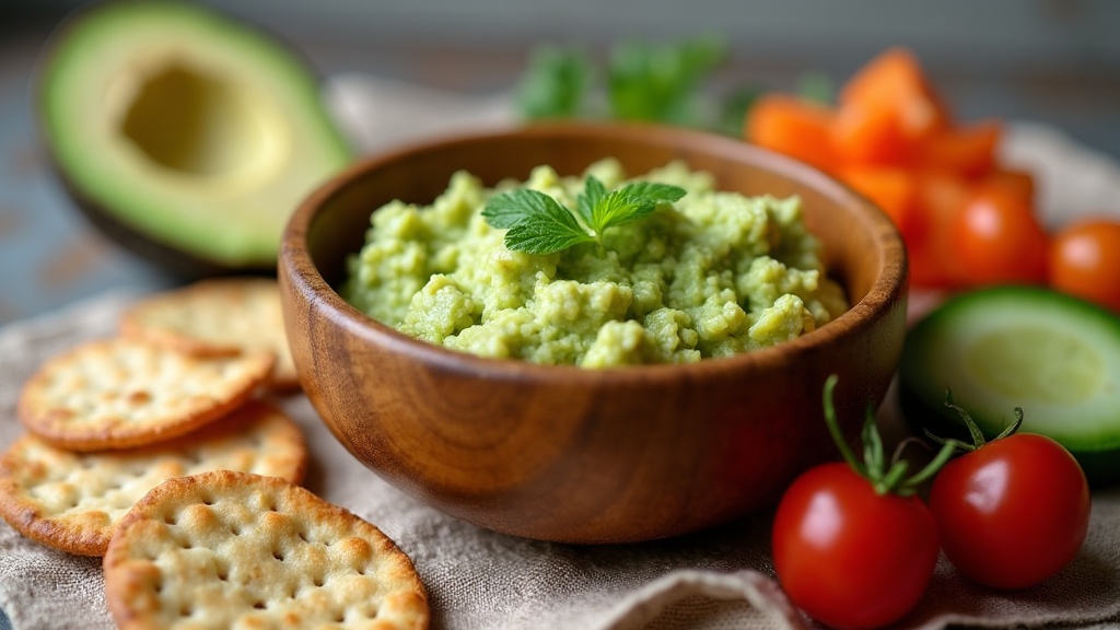 Homemade low-sodium dip with fresh vegetables and whole-grain crackers as a heart-healthy snack option