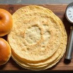 Assortment of low-sodium tortillas, wraps, and buns on a wooden board with a kitchen scale for portion comparison