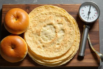 Assortment of low-sodium tortillas, wraps, and buns on a wooden board with a kitchen scale for portion comparison