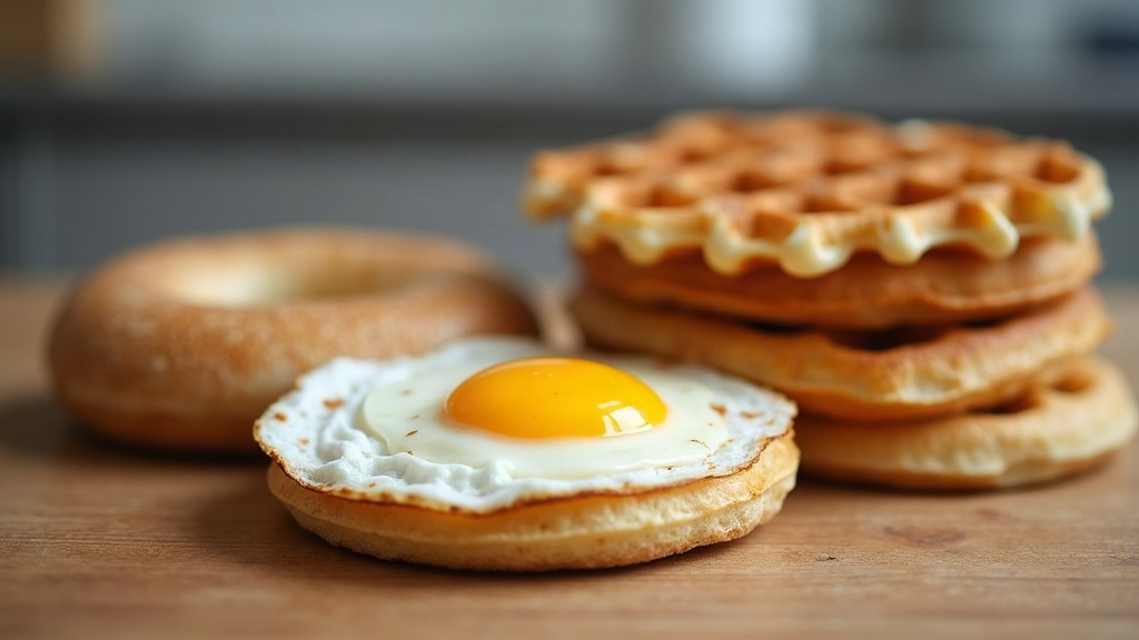 Comparison of a plain egg breakfast alongside a bagel and frozen waffles on a kitchen counter