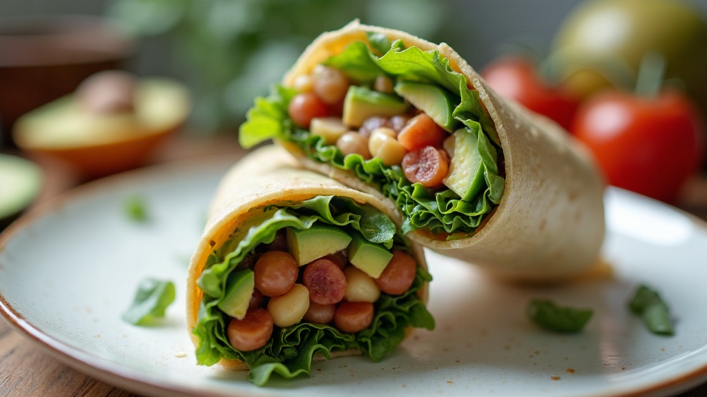 Sliced wrap sandwich filled with beans, greens, and avocado representing a low-sodium, potassium-rich meal option