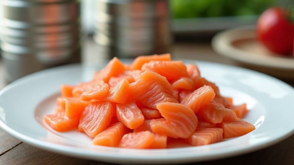 Diced raw salmon pieces on a white plate, with blurred metal cans and a tomato in the background