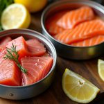 Two open metal tins of raw tuna and salmon chunks with dill, lemon wedges, and rosemary sprigs on a wooden board