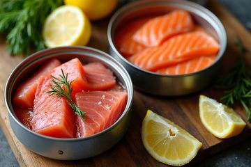 Two open metal tins of raw tuna and salmon chunks with dill, lemon wedges, and rosemary sprigs on a wooden board