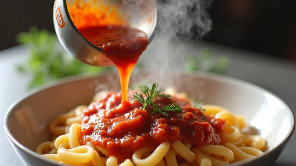 Measuring cup pouring pasta sauce over a bowl of pasta to illustrate real serving size versus label serving size